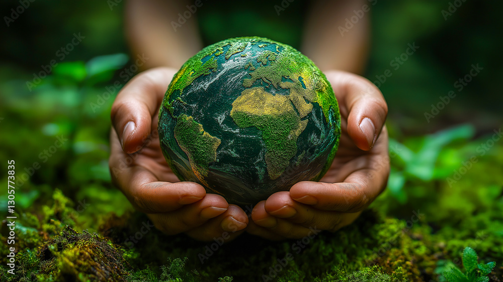 Hands gently hold a glowing earth with green landscapes in a serene natural setting Hands gently hold a glowing earth with green landscapes in a serene natural setting
