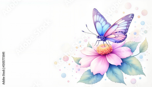 Soft-focus butterfly resting on blooming flower with copy space, pastel tranquility