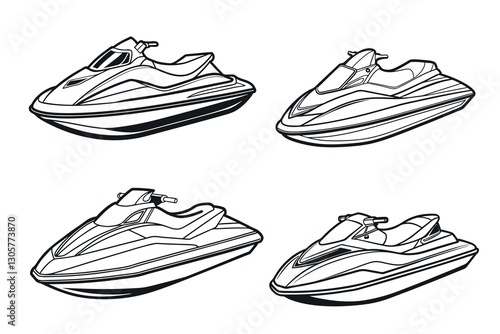Set of jet ski vector silhouette line art 