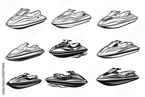 jet ski vector silhouette line art Set