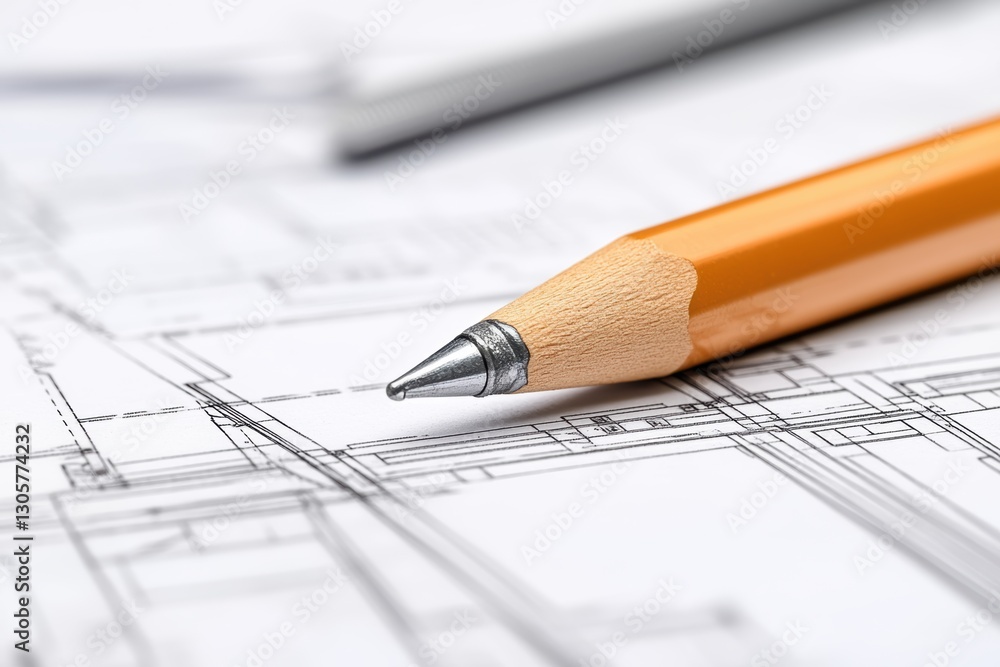 A detailed view of a pencil resting on an architectural drawing. A detailed view of a pencil resting on an architectural drawing.