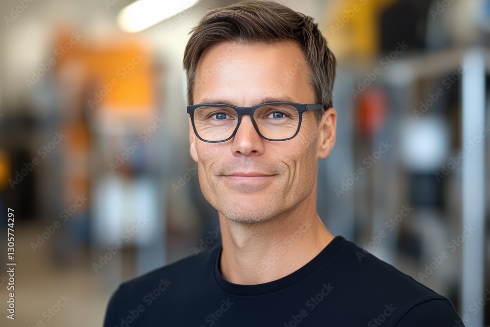 Obraz premium Smiling man with glasses stands in a room beside a metal rack.