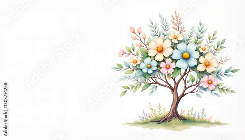 Delicate wildflower tree arrangement on white background with copy space, aesthetic symbol