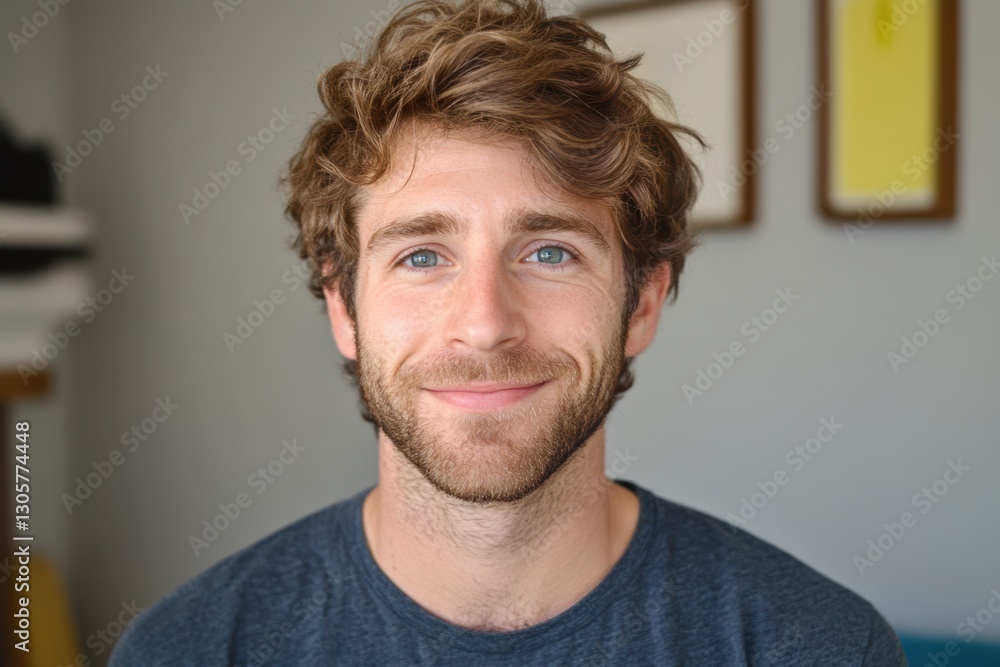 Obraz premium Smiling man with blue eyes and curly hair poses in a cozy room setting.