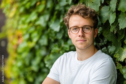 A man leans against a wall with a green plant in the background, creating a relaxed atmosphere.