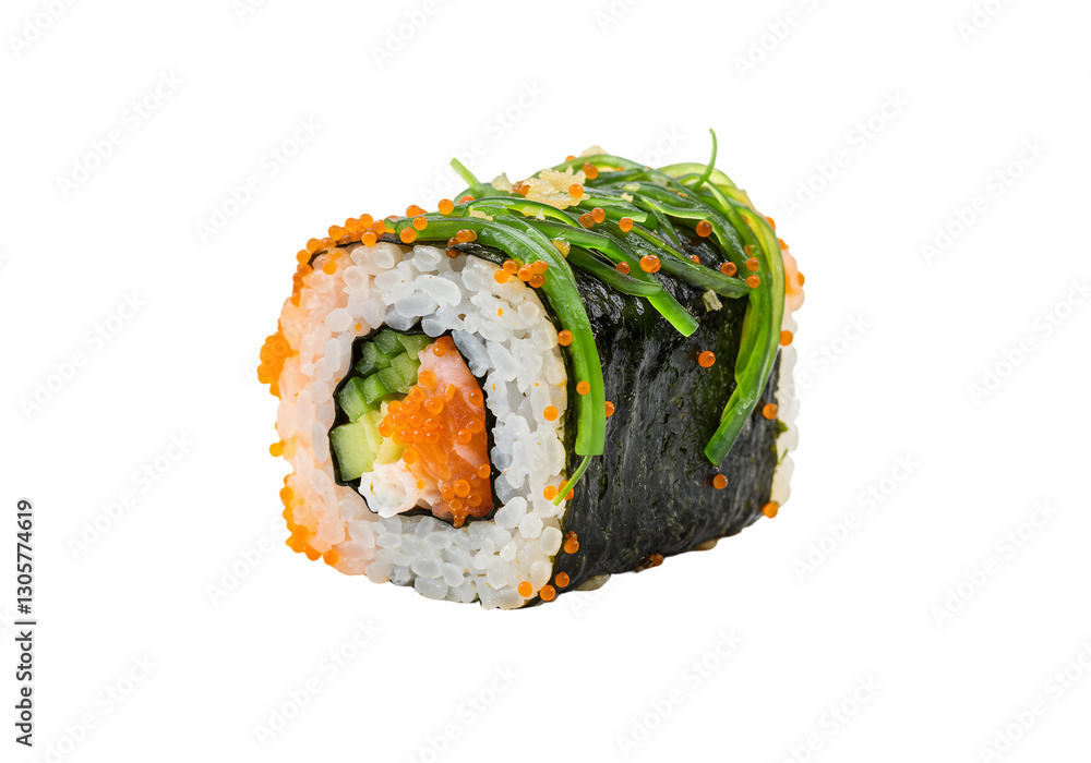 Fresh sushi roll with vibrant ingredients including seaweed, cucumber, and fish, artfully arranged for a culinary delight Fresh sushi roll with vibrant ingredients including seaweed, cucumber, and fish, artfully arranged for a culinary delight