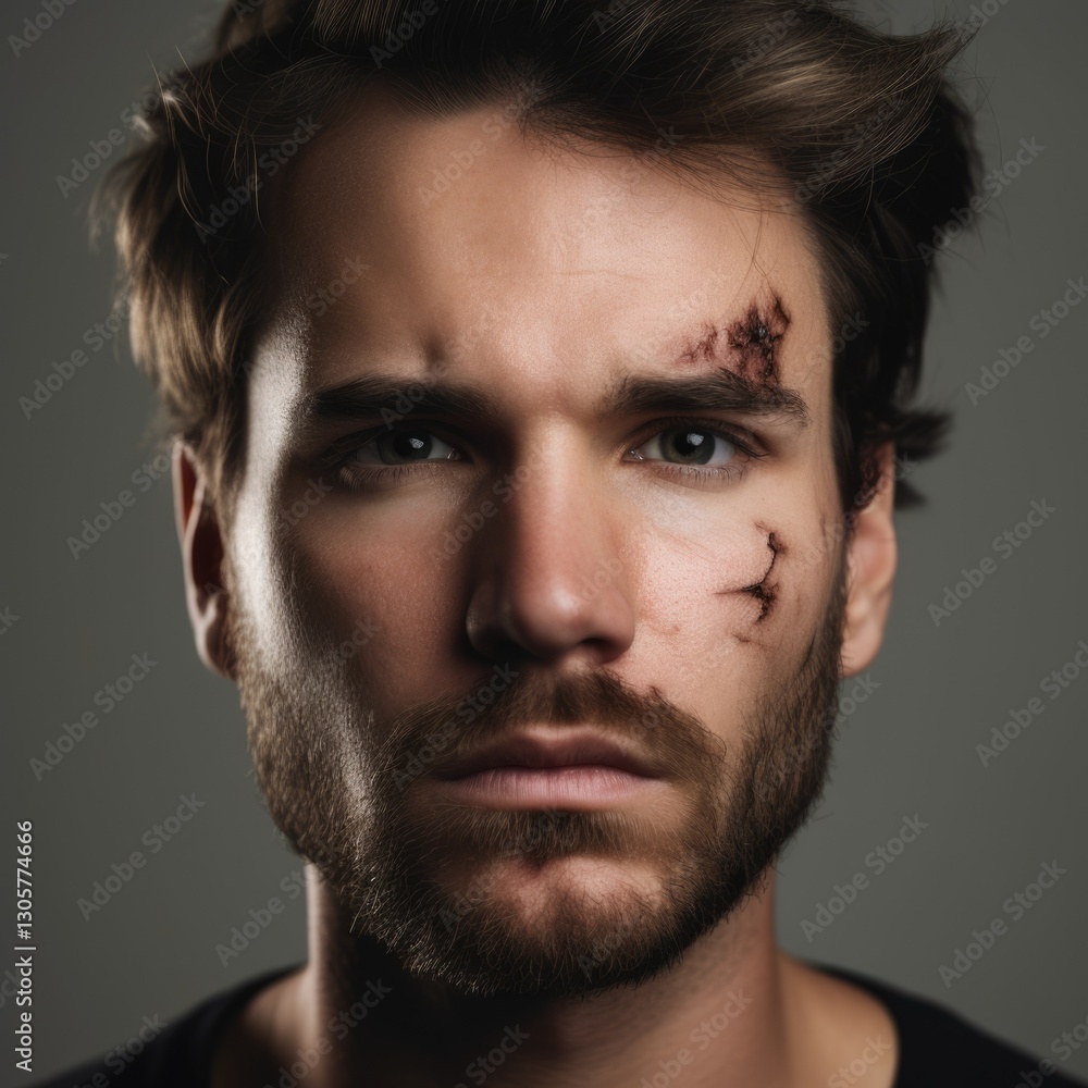 Young man with a scarred face staring intensely at the camera. Young man with a scarred face staring intensely at the camera.