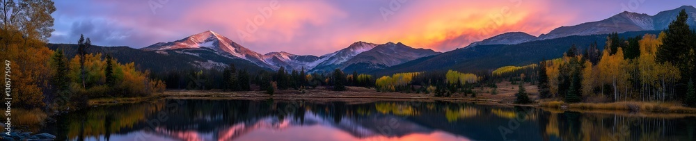 Majestic mountains reflected in a serene lake under a vibrant sunset sky. Majestic mountains reflected in a serene lake under a vibrant sunset sky.