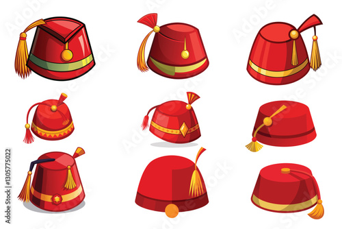 Bundle of vibrant red fez hat vector illustration isolated on a white background