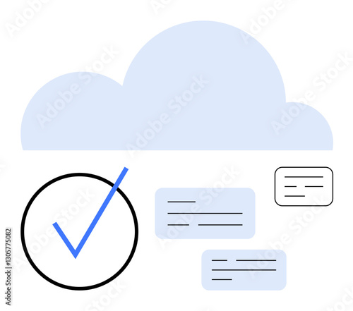 Cloud with overlays of a large checkmark and document boxes symbolize task completion, information storage, and workflow. Ideal for productivity, organization, goals, cloud technology, success, data