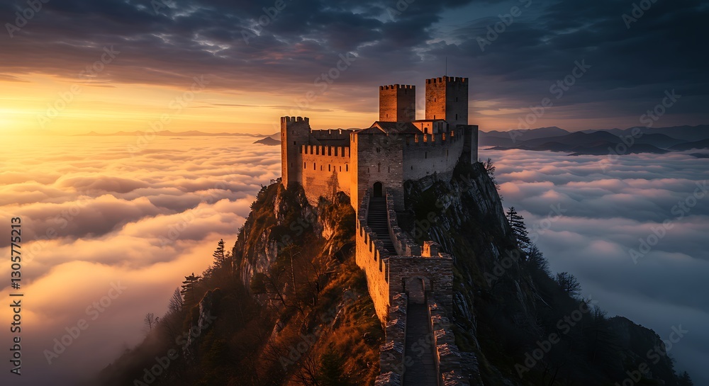 Fototapeta premium Dramatic Fortress on Mountain Peak Surrounded by Golden Clouds at Sunrise
