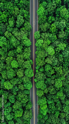 Aerial view of a straight road cutting through a dense, vibrant green forest, showcasing the intersection of nature and infrastructure