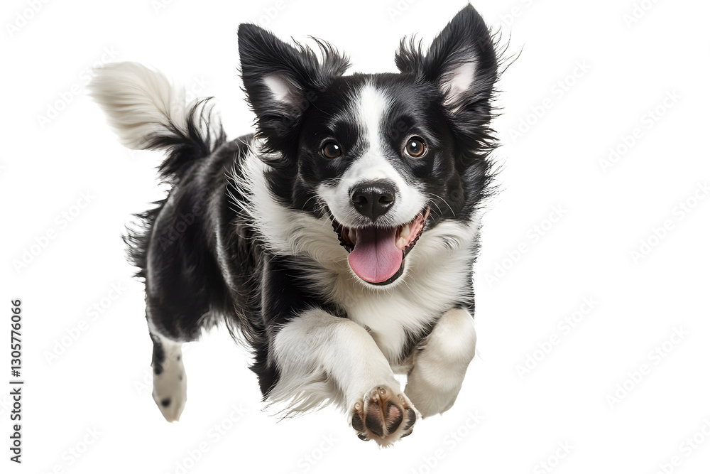 Playful Black and White Border Collie Dog Jumping on White Background Playful Black and White Border Collie Dog Jumping on White Background