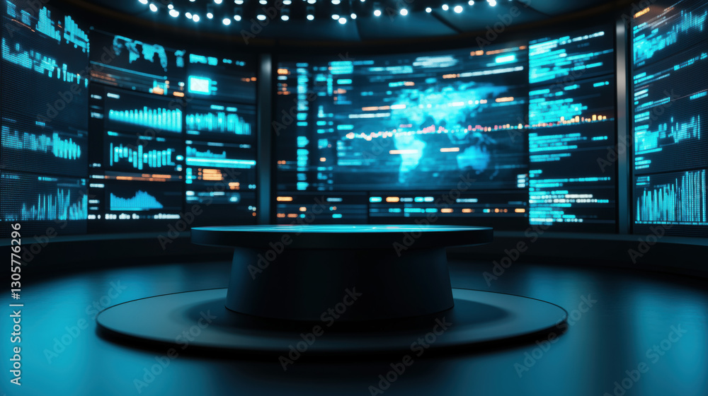 Fototapeta premium A Podium with a Glossy Black Surface, Large Digital Screens Showing Dynamic, Colorful Data Streams Futuristic, Cyberpunk-Inspired Environment, Ideal for Innovative Products or Smart Devices copy space