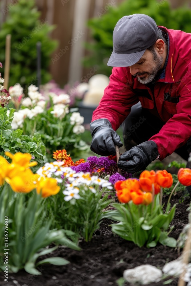 Gardener working in garden in Spring.