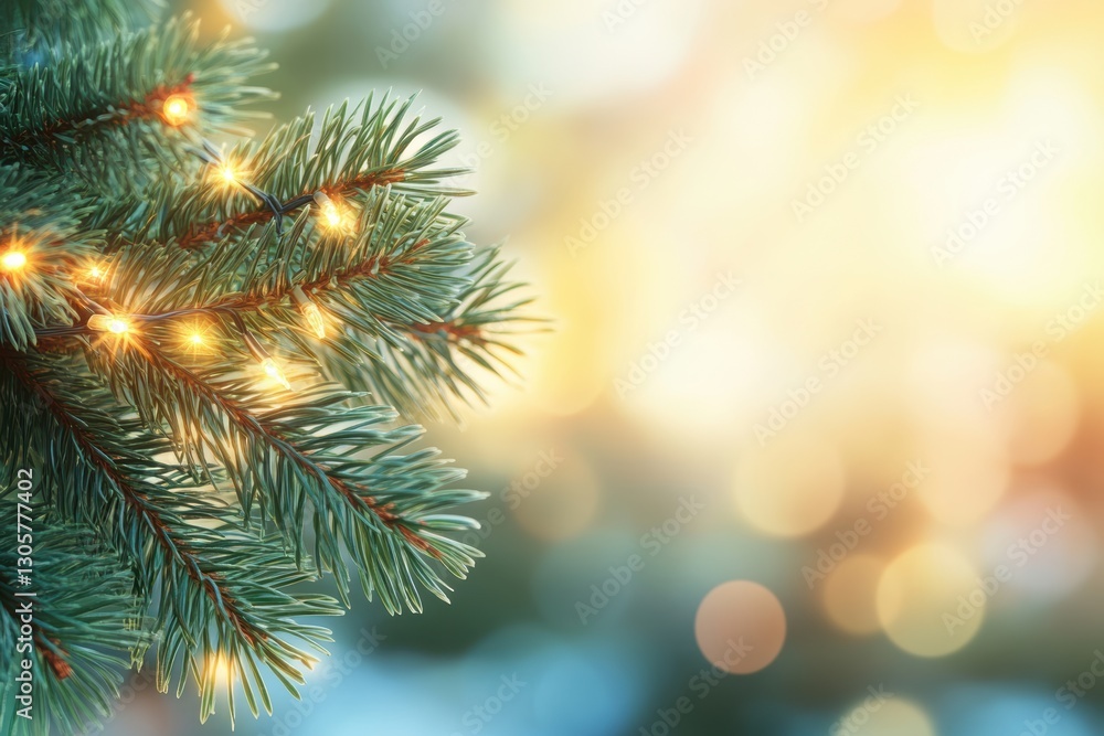Close-up view of a pine tree adorned with sparkling lights for a festive atmosphere. Close-up view of a pine tree adorned with sparkling lights for a festive atmosphere.