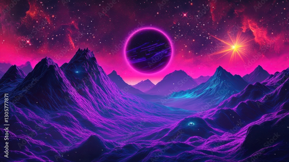Fototapeta premium Wallpaper showcasing a neon nebula subtle halftone textures and glowing cosmic features