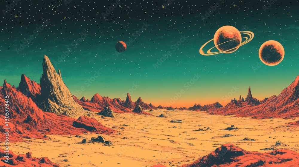 Naklejka premium Wallpaper featuring a surreal planetscape with glowing skies and vintage comic textures