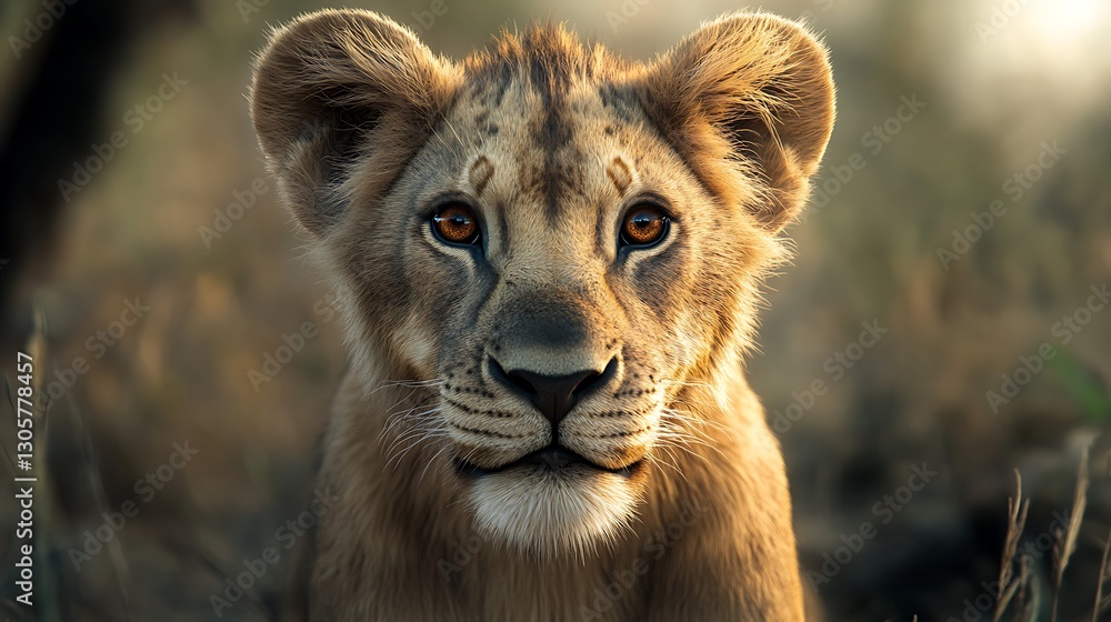 Fototapeta premium Curious Lion Cub with Bright Eyes / 明るい瞳の好奇心旺盛なライオンの子