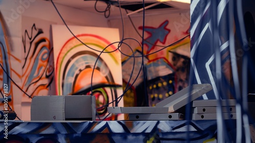фотографія Close up of pizza boxes leftover by guerilla artists in building with graffiti drawings sprayed on walls