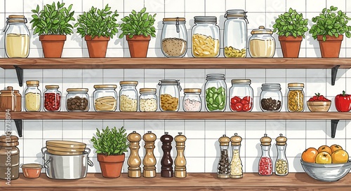 Wallpaper Mural Watercolor illustration of a rustic kitchen shelf with fresh vegetables, herbs, and pantry staples.
 Torontodigital.ca