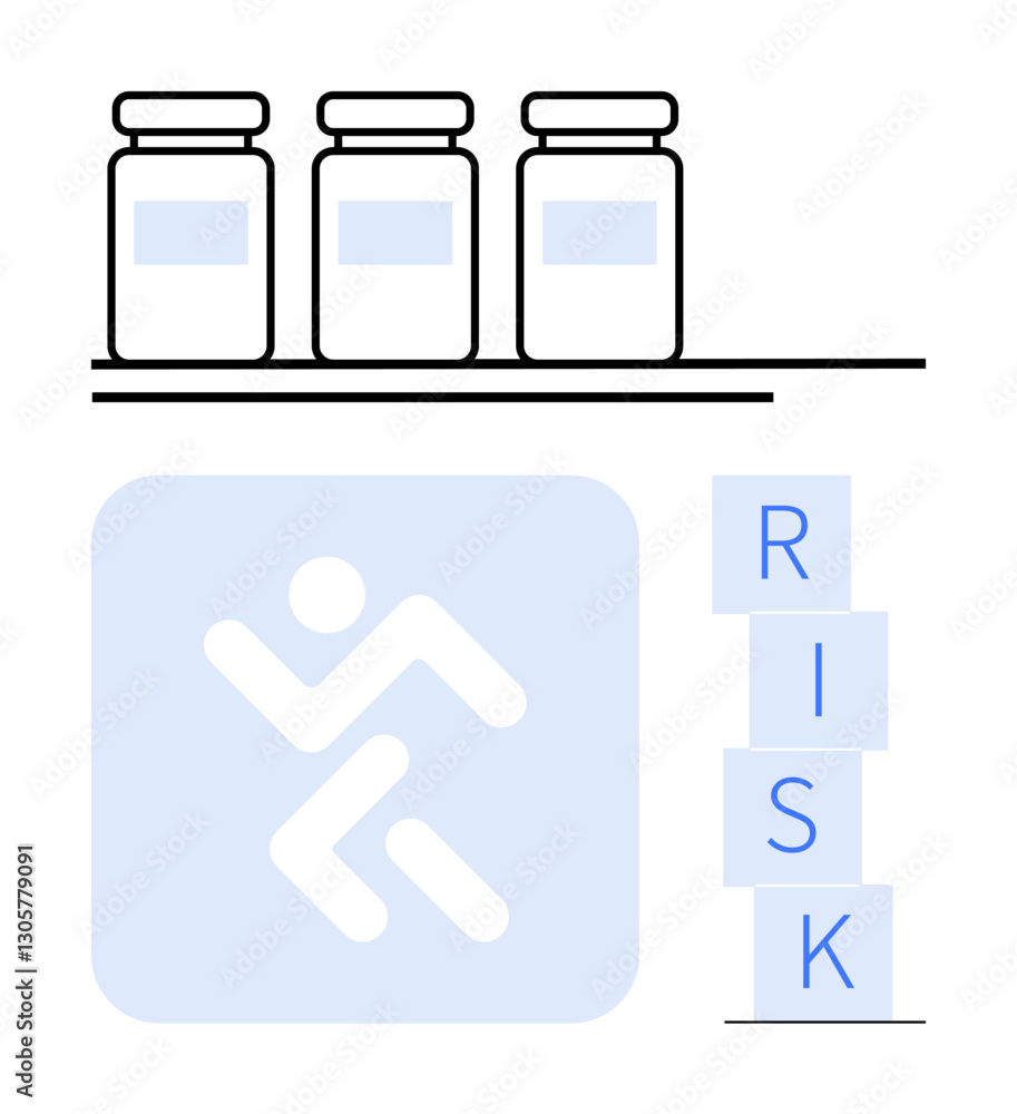 Glass jars on a shelf, running hazard icon, and stacked blocks spelling RISK emphasize caution, health safety, and decision risk mitigation. Ideal for health, safety, prevention, crisis management Glass jars on a shelf, running hazard icon, and stacked blocks spelling RISK emphasize caution, health safety, and decision risk mitigation. Ideal for health, safety, prevention, crisis management