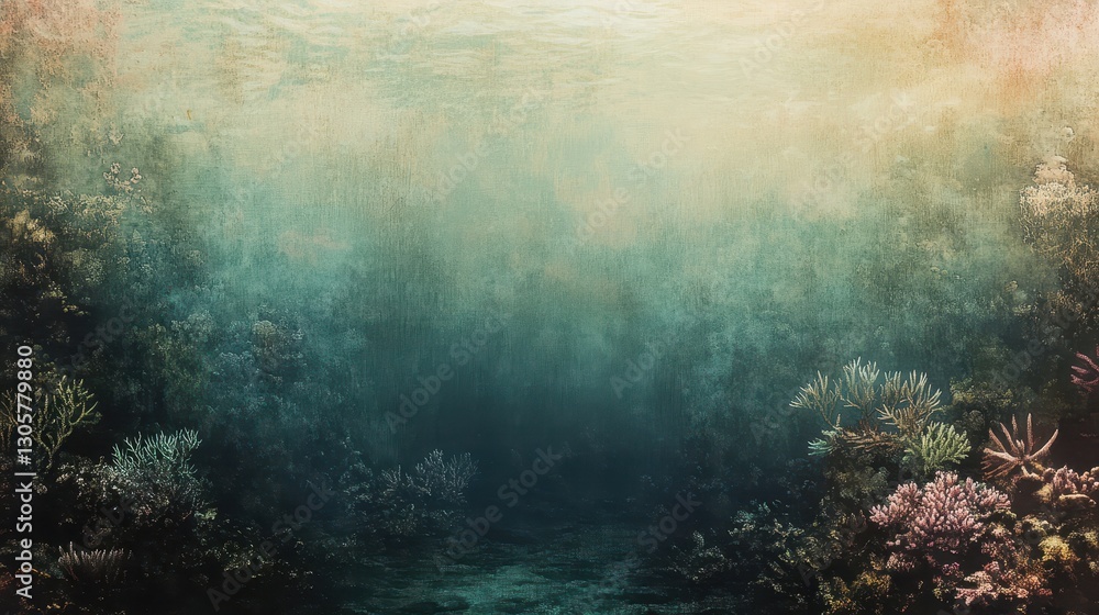 Fototapeta premium Underwater coral landscape with soft ink washes muted cyan and sea-green tones blending in a nostalgic style