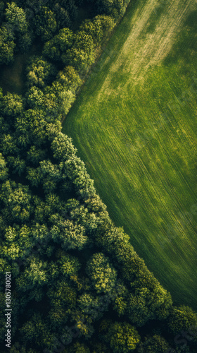 Green forest edge bordering vibrant agricultural land, aerial perspective revealing sharp landscape transition and geometric agricultural patterns