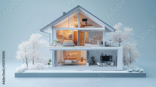Cross-section view of a cozy, modern house surrounded by snowy nature, showcasing a harmonious balance between interior warmth and exterior chill.