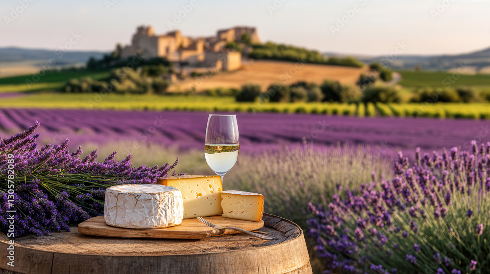 Fototapeta premium A serene vineyard sunset is accompanied by cheese, wine, and lavender, creating a picturesque French countryside experience.