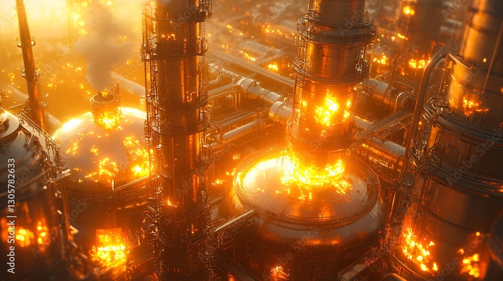 Obraz premium Industrial fire at sunset refinery