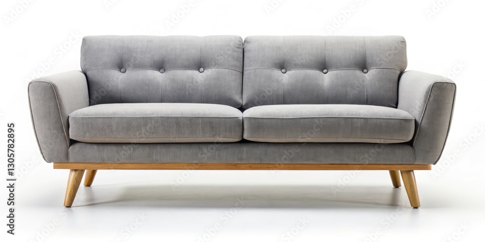 Fototapeta premium Grey Fabric Sofa Wooden Legs White Background - Modern Minimalist Living Room Furniture Photography