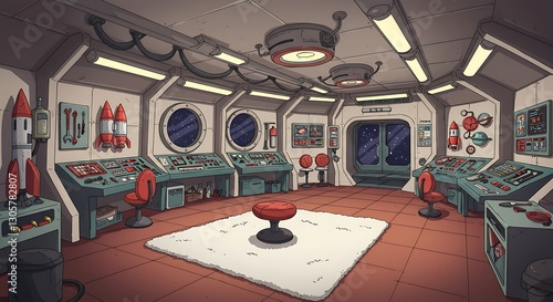 Fototapeta Naklejka Na Ścianę i Meble -  Inside a Space Station Workshop with Rockets and Tools.
