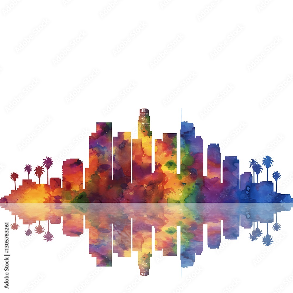 Obraz premium Watercolor Illustration of Palm Trees and City Skyline.