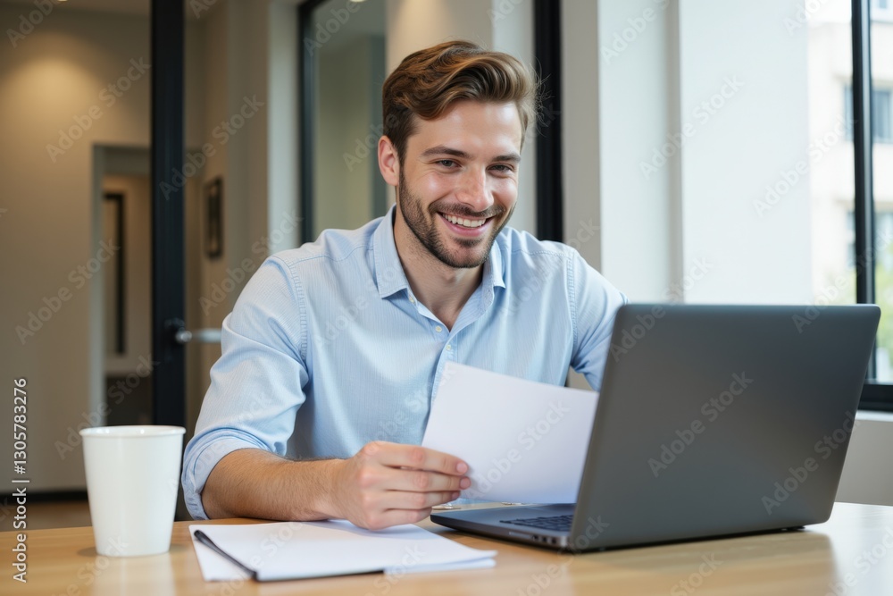 Smiling young Caucasian man studying and working at a laptop in a modern office environment, holding papers and enjoying his productive day at work. Smiling young Caucasian man studying and working at a laptop in a modern office environment, holding papers and enjoying his productive day at work.