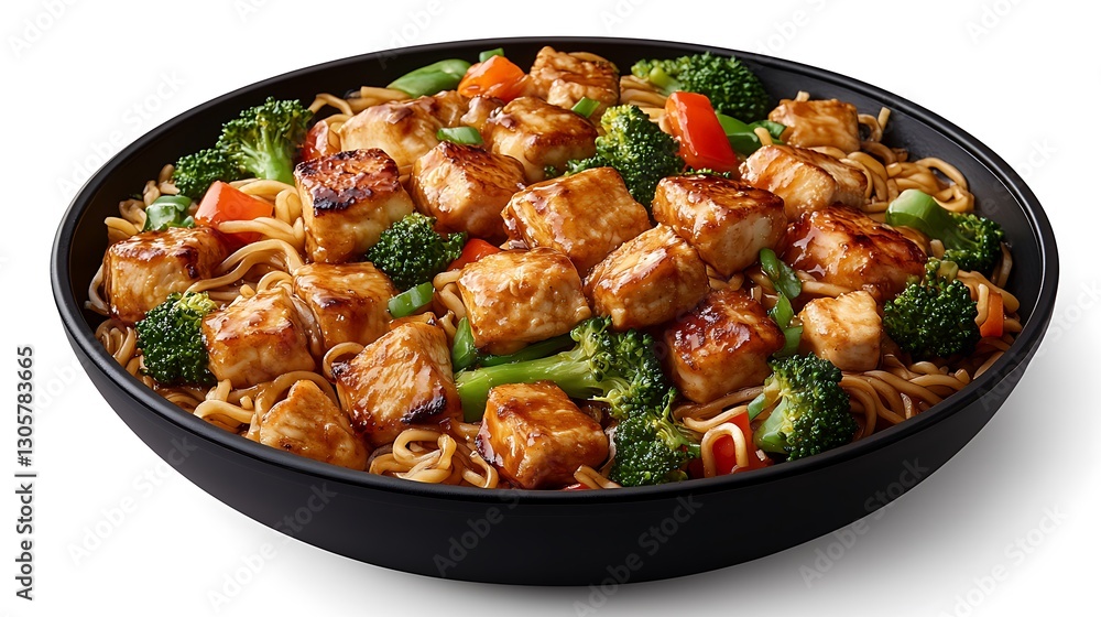 A wok of meat and vegetable noodle stir-fry, realistic food photography, isolated white background. A wok of meat and vegetable noodle stir-fry, realistic food photography, isolated white background.