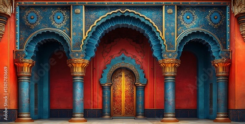 Ornate Blue and Gold Arches with Red Backdrop and Detailed Door

