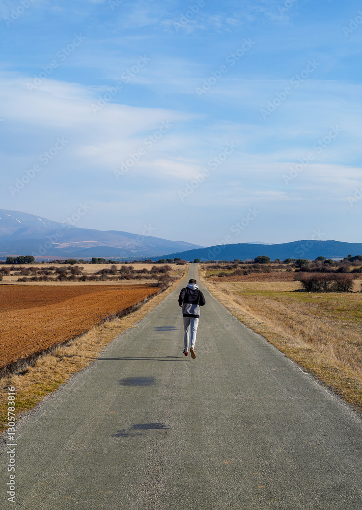 Obraz premium young man running on a lonely road