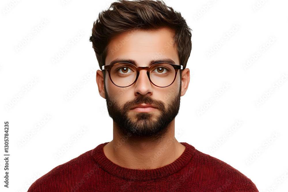 Thoughtful Bearded Man Wearing Eyeglasses and Maroon Sweater in Studio Portrait Thoughtful Bearded Man Wearing Eyeglasses and Maroon Sweater in Studio Portrait