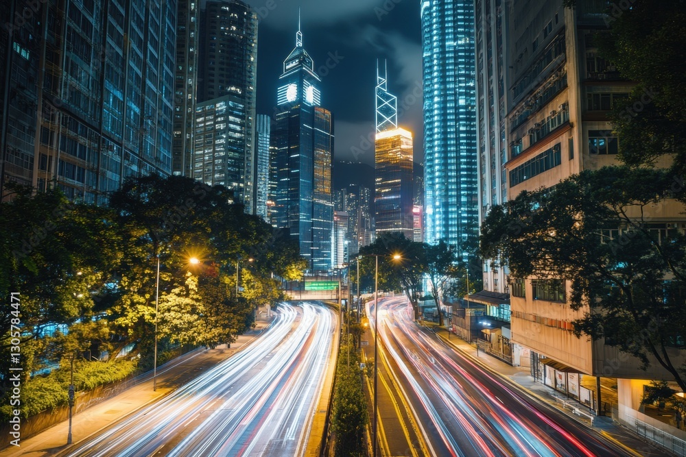 Fototapeta premium night view of Hong Kong street with skyscrapers, car light trails and trees Generative AI