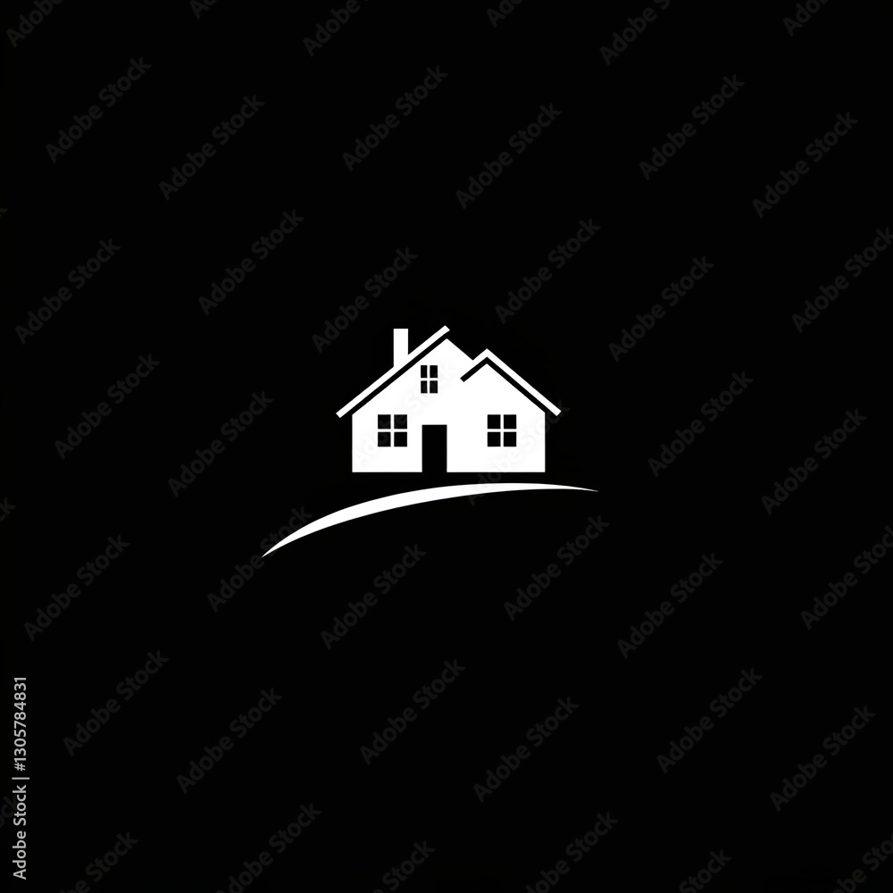 Centered on a black field, simple white house with chimney and curved line underneath evokes sense of home warmth, icon Centered on a black field, simple white house with chimney and curved line underneath evokes sense of home warmth, icon