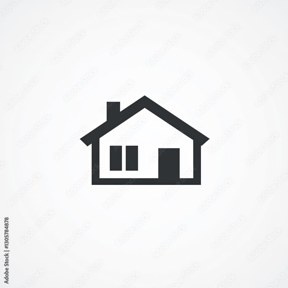 Fototapeta premium The simple, bold icon depicts a house with peaked roof, chimney, two windows, and door, all in black against solid white backdrop.