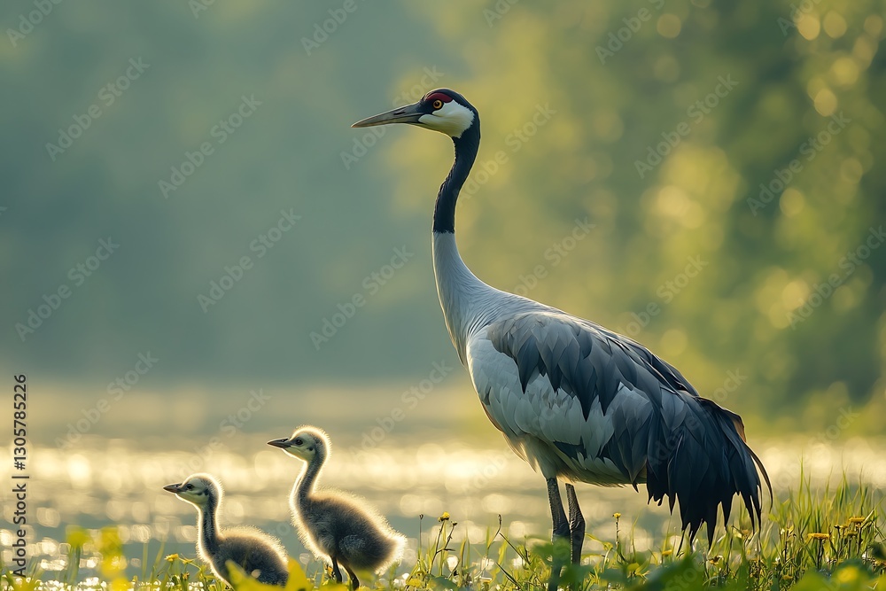 Obraz premium Crane Family by Riverbank at Dawn