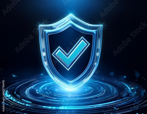 blue shield on a black background, hologram shield with a check mark symbol inside