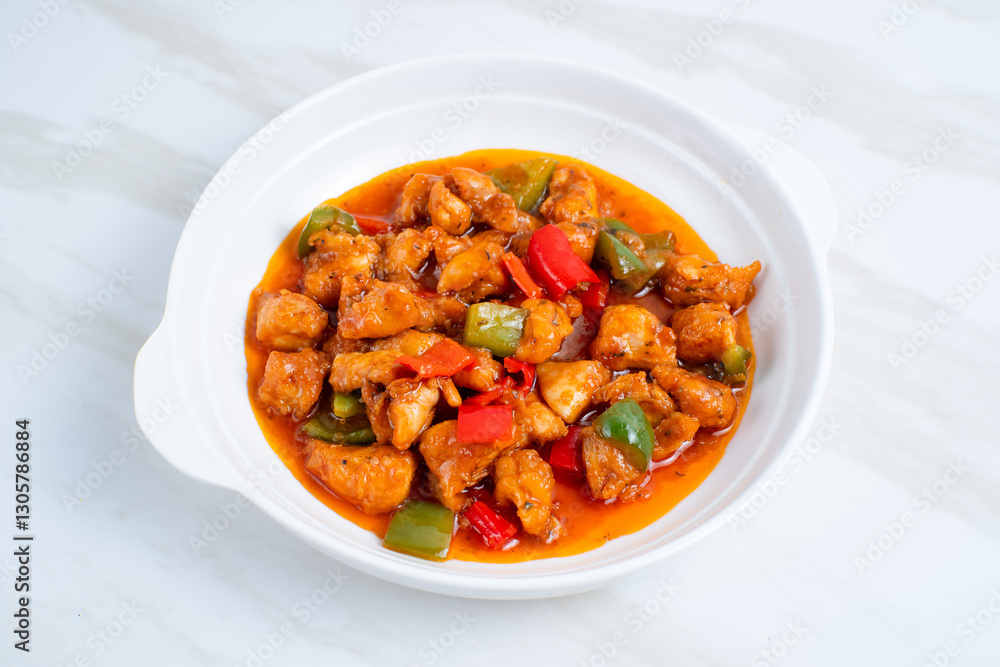 fried crispy chicken with sweet and sour sauce in Korean style. Perfect for recipe, article, catalogue, or any commercial purposes. With copy space fried crispy chicken with sweet and sour sauce in Korean style. Perfect for recipe, article, catalogue, or any commercial purposes. With copy space