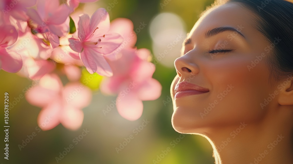 Arafed woman with closed eyes gazes upwards at blooming pink flowers. Arafed woman with closed eyes gazes upwards at blooming pink flowers.