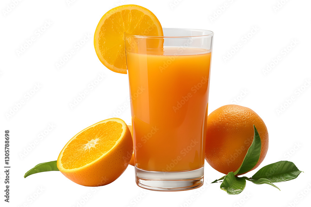 Freshly Squeezed Orange Juice in Transparent Glass with Orange Slice and Green Leaves on White Freshly Squeezed Orange Juice in Transparent Glass with Orange Slice and Green Leaves on White