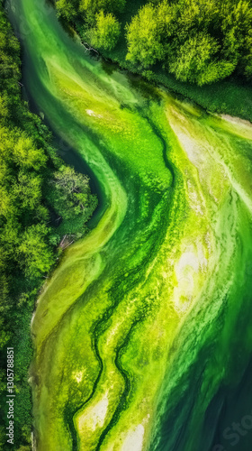 Green forest river contaminated with algae creating swirling patterns, captured from aerial drone perspective