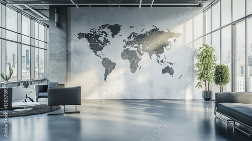 Large modern world map mural in office space, bright natural light, neutral gray and white tones, and clean minimal design, wide-angle shot.