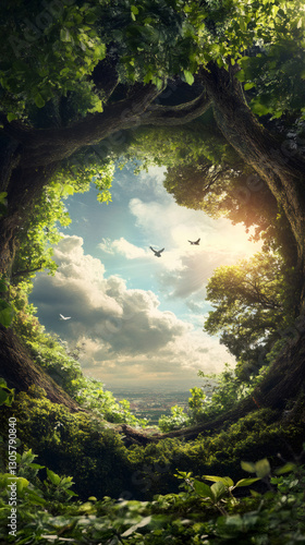 Verdant foliage framing misty sky, winged silhouettes soaring across serene landscape, capturing wilderness tranquility